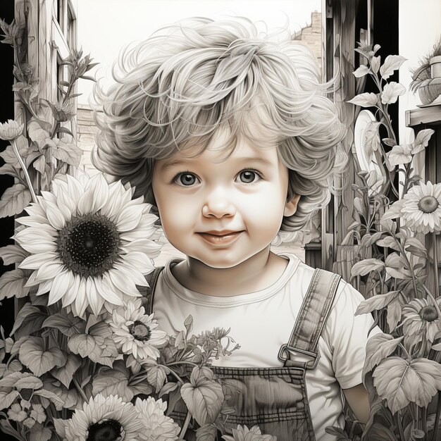 There is a black and white photo of a little girl with a sunflower generative ai