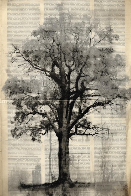 there is a black and white photo of a tree on a page generative ai