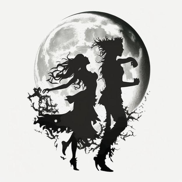 There is a black and white photo of two people walking in front of a full moon generative ai
