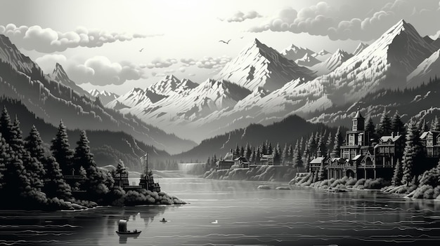 there is a black and white picture of a mountain lake generative ai