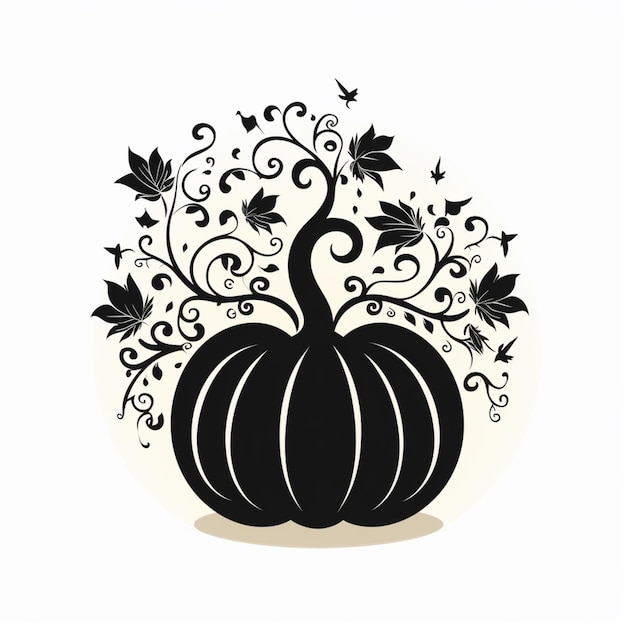 Photo there is a black and white picture of a pumpkin with vines generative ai