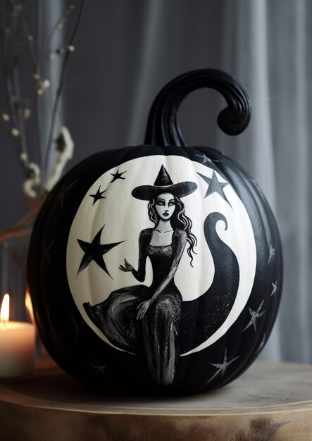 There is a black and white pumpkin with a witch on it generative ai