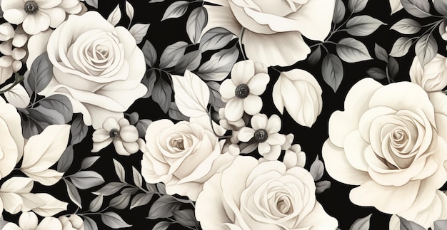 there is a black and white rose pattern with leaves generative ai