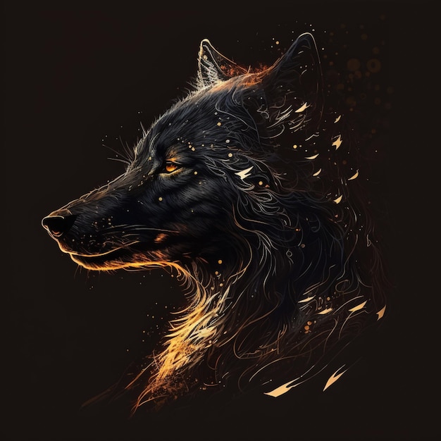 there is a black wolf with a golden face and a black background generative ai