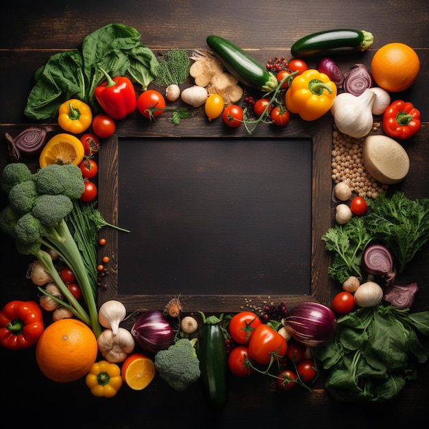 There is a blackboard surrounded by vegetables and fruits on a table generative ai