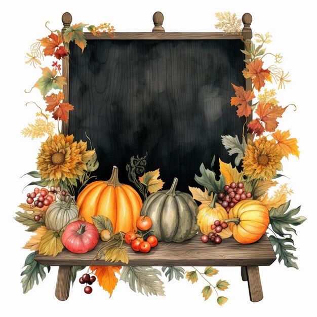 There is a blackboard with a chalkboard surrounded by autumn leaves and pumpkins generative ai