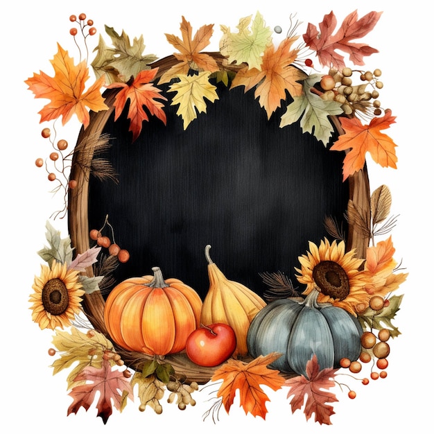 There is a blackboard with a wreath of autumn leaves and pumpkins generative ai
