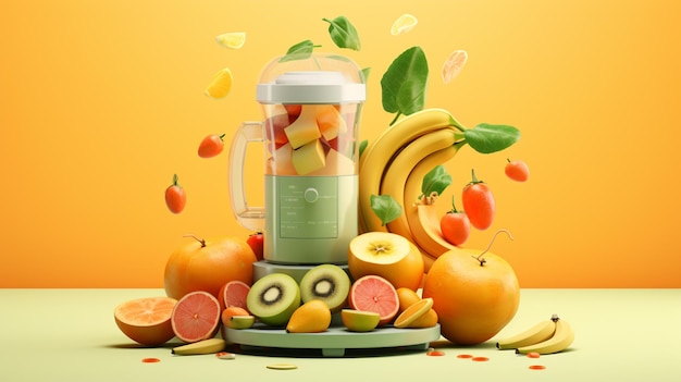 There is a blender with fruit and vegetables on a table generative ai