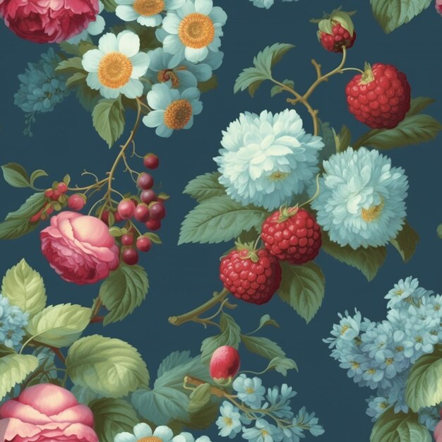 There is a blue background with a bunch of flowers and berries generative ai