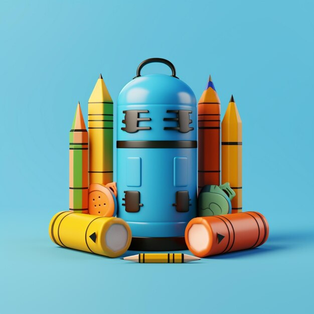 There is a blue backpack with crayons and pencils on it generative ai