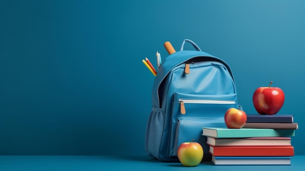 There is a blue backpack with a red apple and books generative ai