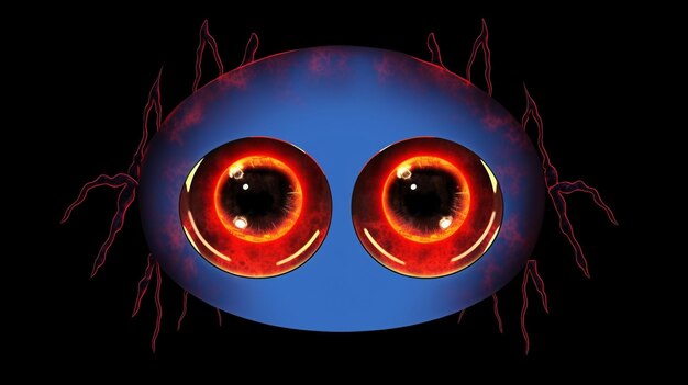 there is a blue ball with two red eyes and a red spider generative ai