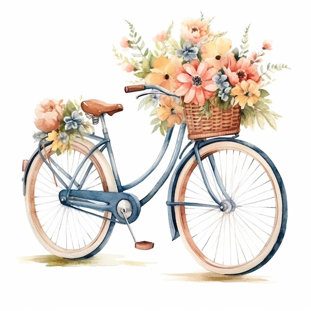 На переднем генеративном ИИ стоит синий велосипед с корзиной цветов.