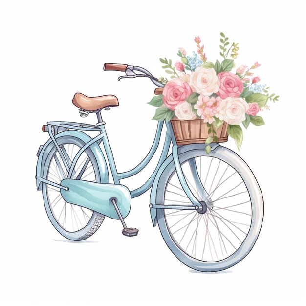 前に花かごを乗せた青い自転車があります 生成 AI