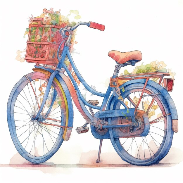 there is a blue bicycle with a basket of fruit on the back generative ai