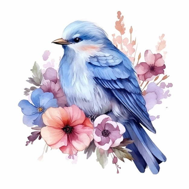 There is a blue bird sitting on a branch with flowers generative ai