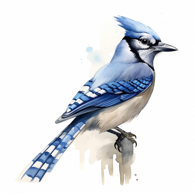 There is a blue bird sitting on a branch with a white background generative ai