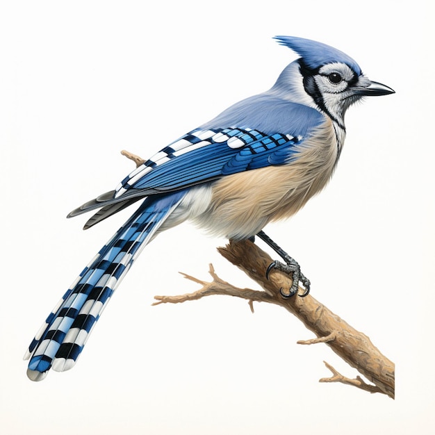 There is a blue bird sitting on a branch with a white background generative ai