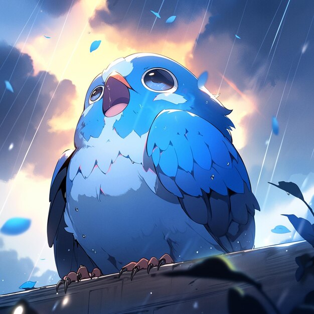 There is a blue bird sitting on a ledge in the rain generative ai