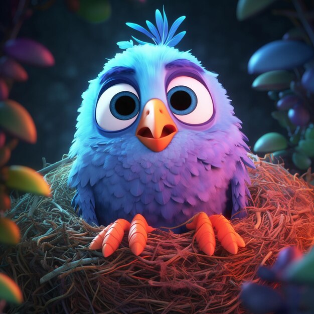 there is a blue bird sitting in a nest with a purple bird generative ai