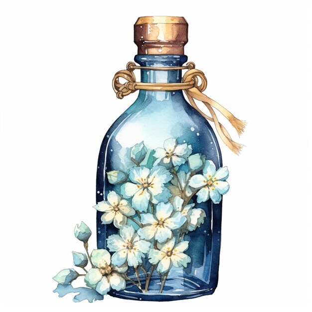 there is a blue bottle with flowers inside of it generative ai