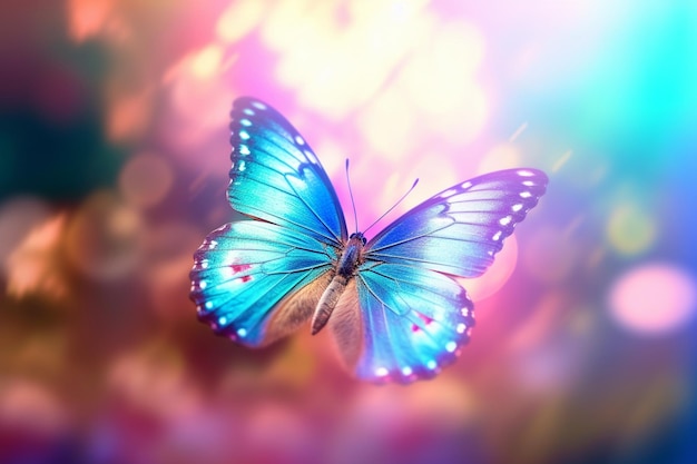 Foto c'è una farfalla blu che vola nell'aria generativo ai