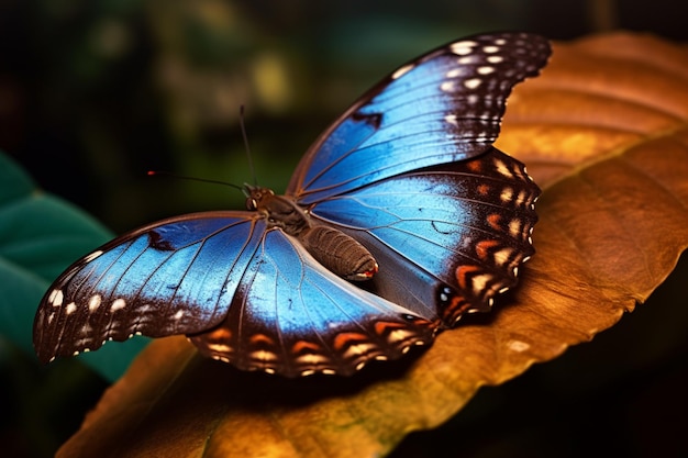 There is a blue butterfly that is sitting on a leaf generative ai