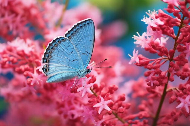 there is a blue butterfly that is sitting on a pink flower generative ai