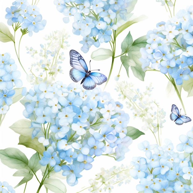 파란색 꽃 생성 AI가 있는 흰색 배경에 파란색 나비가 있습니다.
