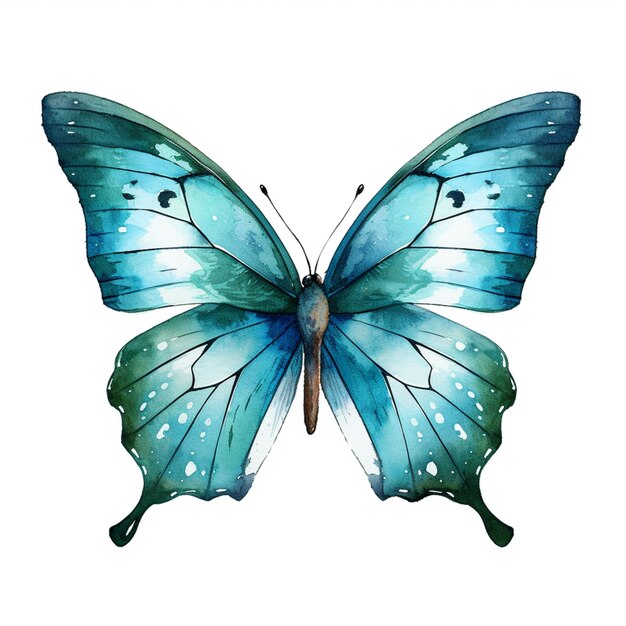 날개 생성 ai에 흰색 배경의 파란색 나비가 있습니다.