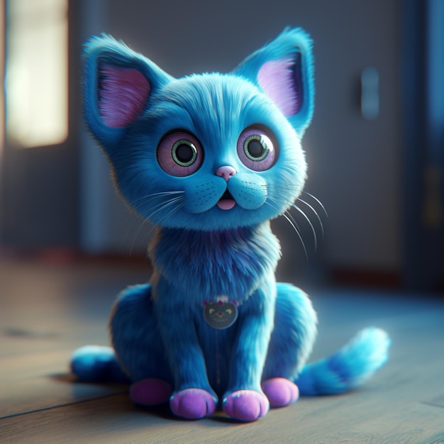 There is a blue cat with pink eyes sitting on the floor generative ai