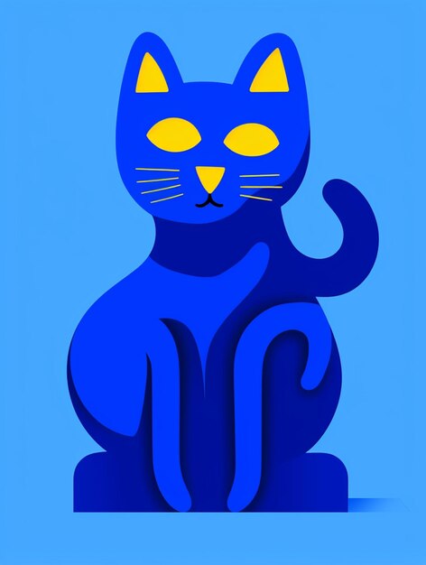 Есть синий кот с желтыми глазами, сидящий на синей поверхности.