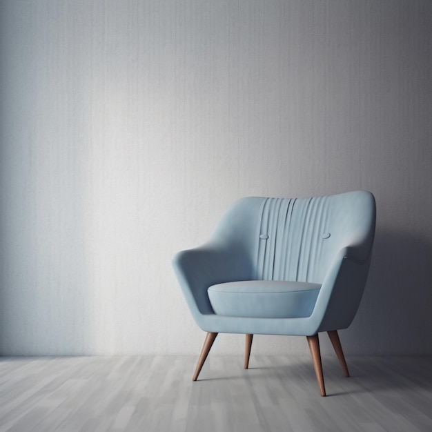 There is a blue chair sitting in a room with a white wall generative ai