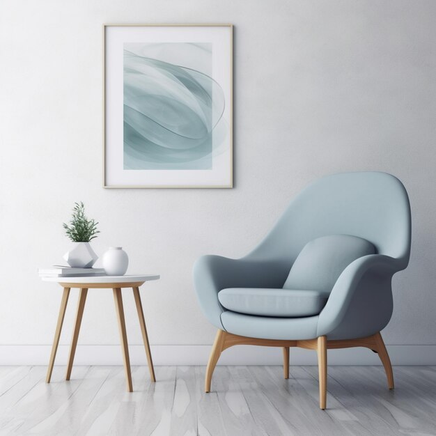 Photo there is a blue chair and a table in a room generative ai