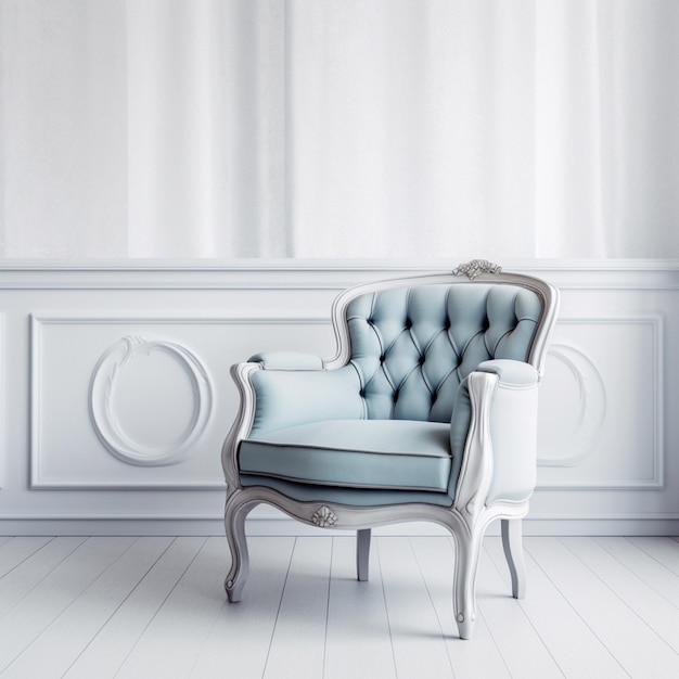 Photo there is a blue chair in a white room with a white wall generative ai