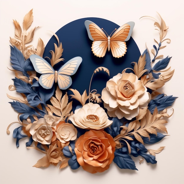 There is a blue circle with paper flowers and butterflies on it generative ai