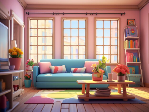 Photo there is a blue couch in a living room with a pink wall generative ai