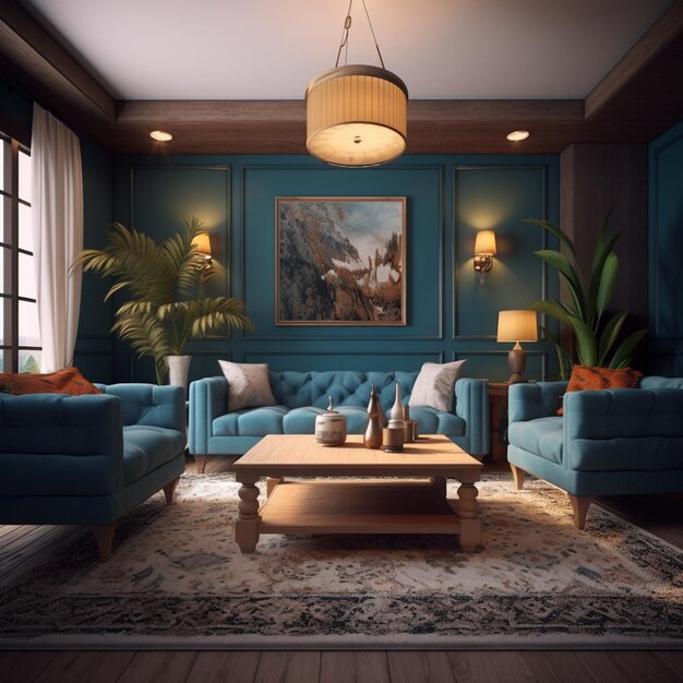 There is a blue couch and a table in a living room generative ai