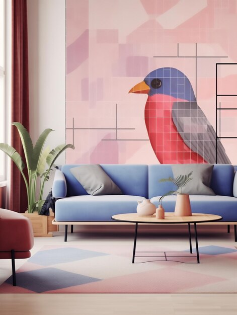 Photo there is a blue couch with a bird on it in a living room generative ai