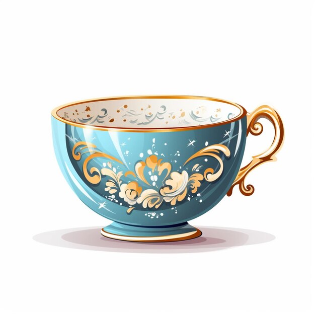 there is a blue cup with gold decoration on it generative ai