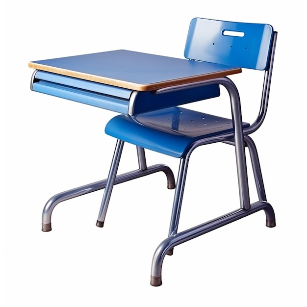 Photo there is a blue desk and a blue chair in a classroom generative ai