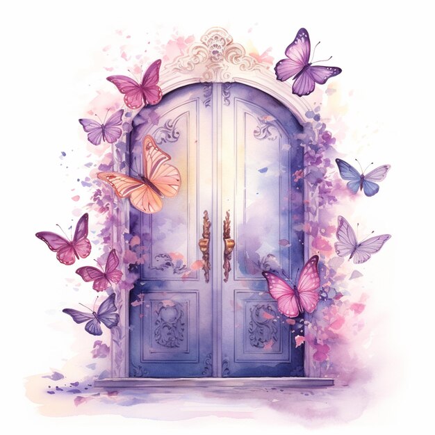 There is a blue door with butterflies around it generative ai