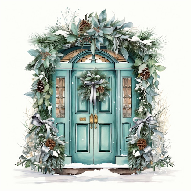 there is a blue door with a wreath and pine cones on it generative ai