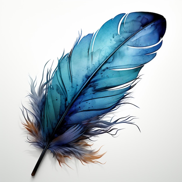 there is a blue feather that is laying on a white surface generative ai