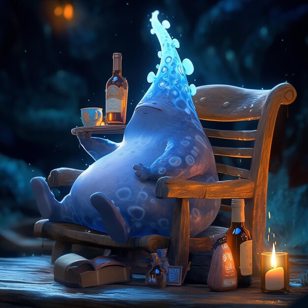 Photo there is a blue fish sitting on a wooden chair with a bottle of beer generative ai