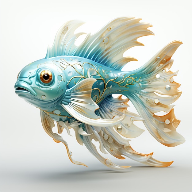 金と白の装飾が施された青い魚があります。生成 AI