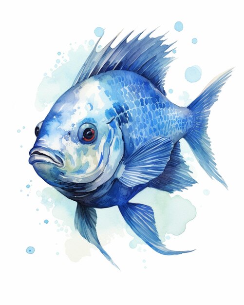 there is a blue fish with a white face and blue watercolor generative ai