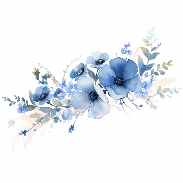 白い背景に青い花のアレンジメントがあります