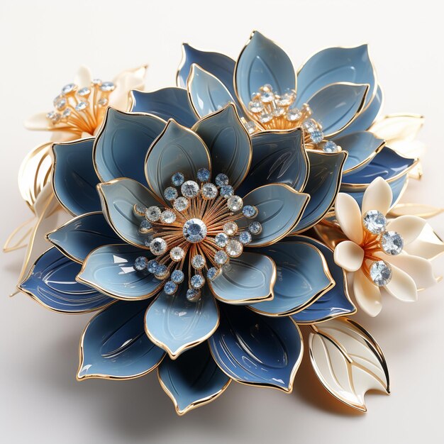 there is a blue flower brooch with gold and pearls generative ai