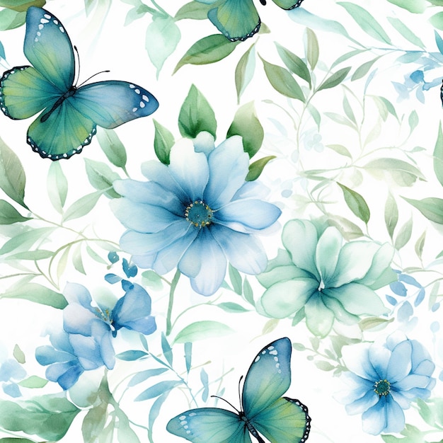 There is a blue flower and butterfly pattern with green leaves generative ai